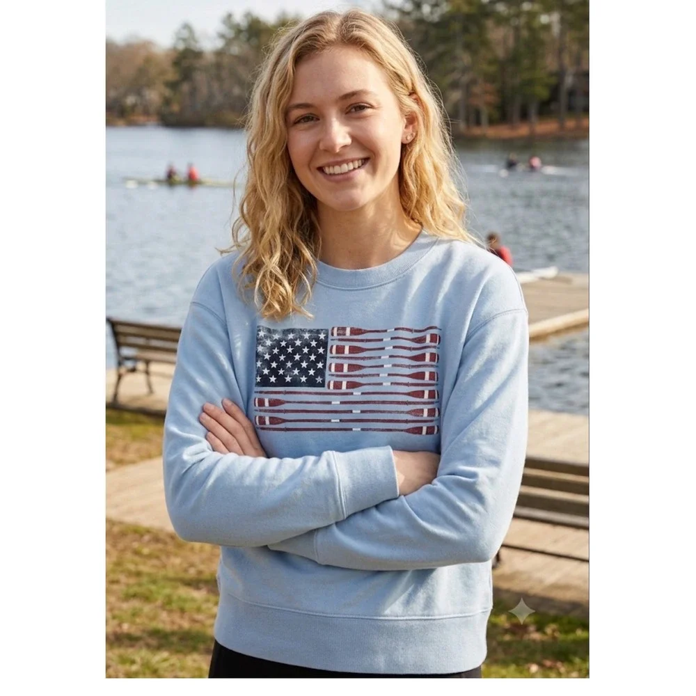 J.Crew oversized Light Blue Oar American Flag Graphic Sweatshirt CJ084 NWT XS